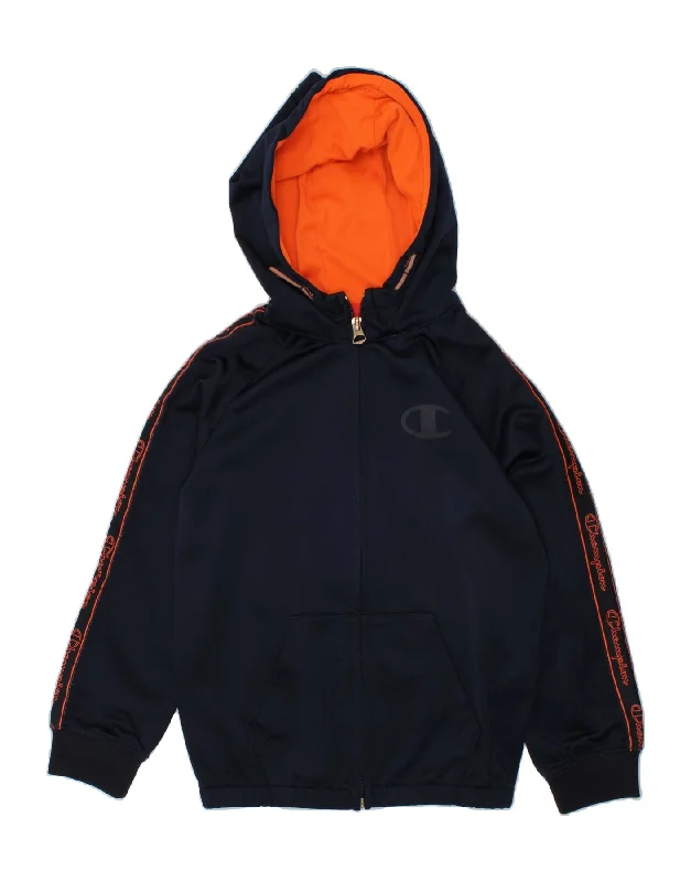 CHAMPION Girls Graphic Zip Hoodie Sweater 5-6 Years XS Navy Blue Polyester Spandex Blend Rayon Blend Denim Blend