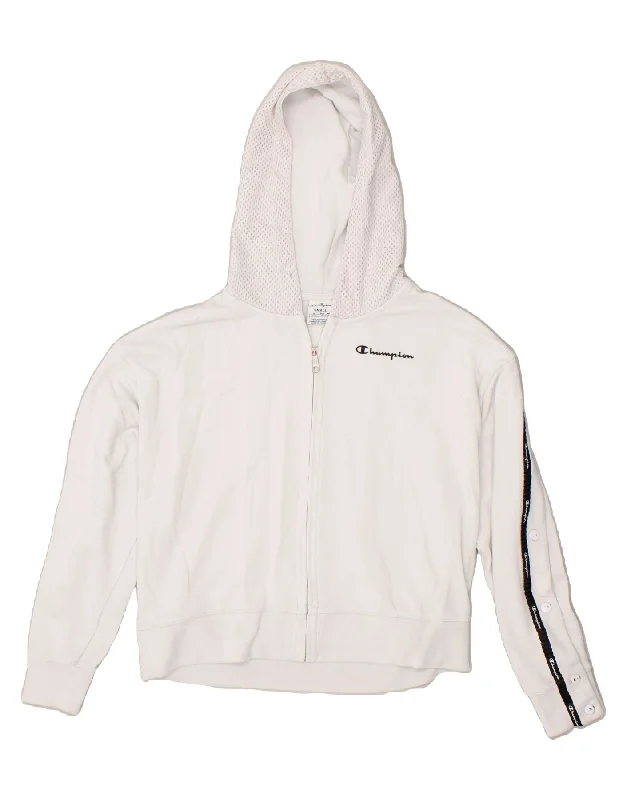 CHAMPION Womens Graphic Zip Hoodie Sweater UK 10 Small White Cotton Lightweight Heavyweight Midweight