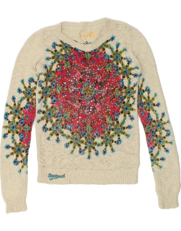 DESIGUAL Womens Boat Neck Jumper Sweater UK 10 Small Off White Floral Fleece Sweater Nylon Polyester