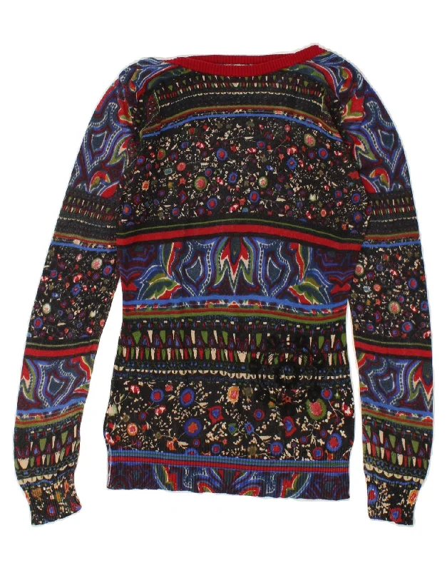 DESIGUAL Womens Boat Neck Jumper Sweater UK 6 XS Multicoloured Floral Mesh Blend Leather Blend Suede Blend DESIGUAL Womens Boat Neck Jumper Sweater UK 6 XS Multicoloured Floral Mesh Blend Leather Blend Suede Blend