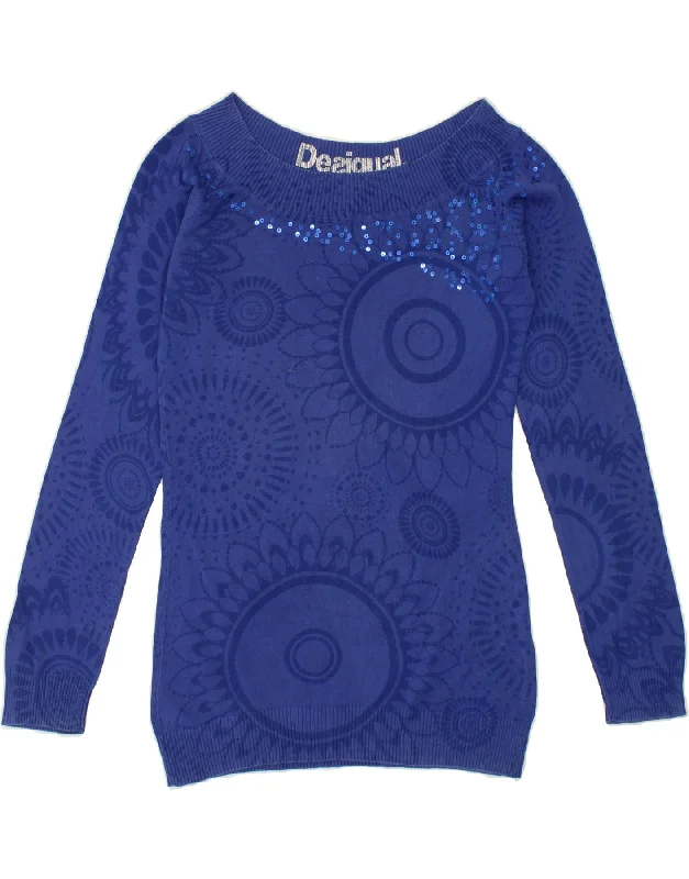 DESIGUAL Womens Graphic Boat Neck Jumper Sweater UK 14 Large Blue Long Sweater Short Sweater Cropped Sweater