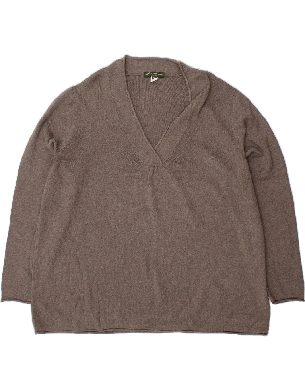 EDDIE BAUER Womens Oversized V-Neck Jumper Sweater UK 22 3XL Grey Cotton Fleece Fabric Down Fabric Feather Fabric