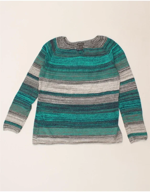 EDDIE BAUER Womens V-Neck Jumper Sweater  UK 16 Large Grey Striped Cotton Sequined Glittery Shiny