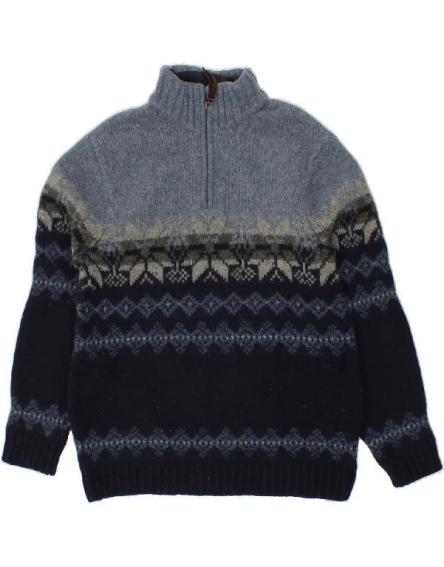 EDDIE BAUER Womens Zip Neck Jumper Sweater Large Navy Blue Fair Isle Silk Blend Satin Velvet