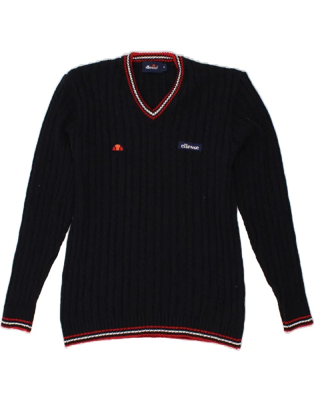 ELLESSE Womens V-Neck Jumper Sweater UK 10 Small Navy Blue Cotton Seamless Knitted Crochet