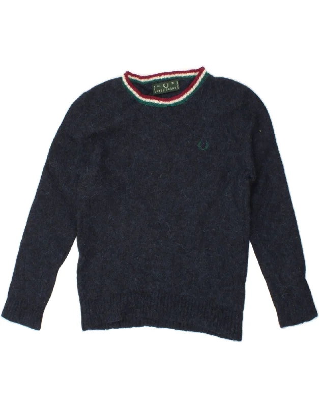 FRED PERRY Womens Boat Neck Jumper Sweater UK 12 Medium Navy Blue Chenille Brocade Lace