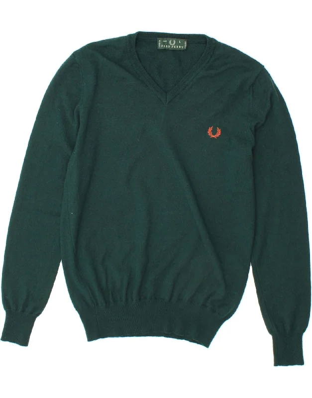 FRED PERRY Womens V-Neck Jumper Sweater UK 14 Large Green Wool Chenille Blend Fleece Blend Nylon Blend FRED PERRY Womens V-Neck Jumper Sweater UK 14 Large Green Wool Chenille Blend Fleece Blend Nylon Blend