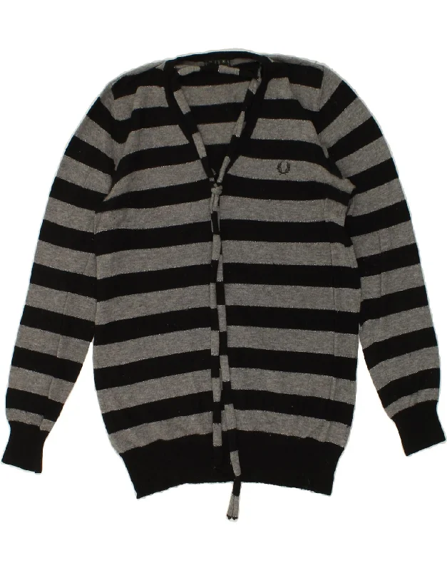FRED PERRY Womens V-Neck Jumper Sweater UK 14 Medium Grey Striped Wool Handmade Hand-knitted Hand-woven