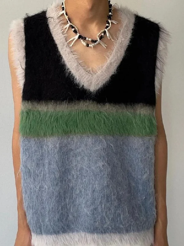 Fuzzy Sweater Vest Welt Pockets Slit Pockets Flap Pockets
