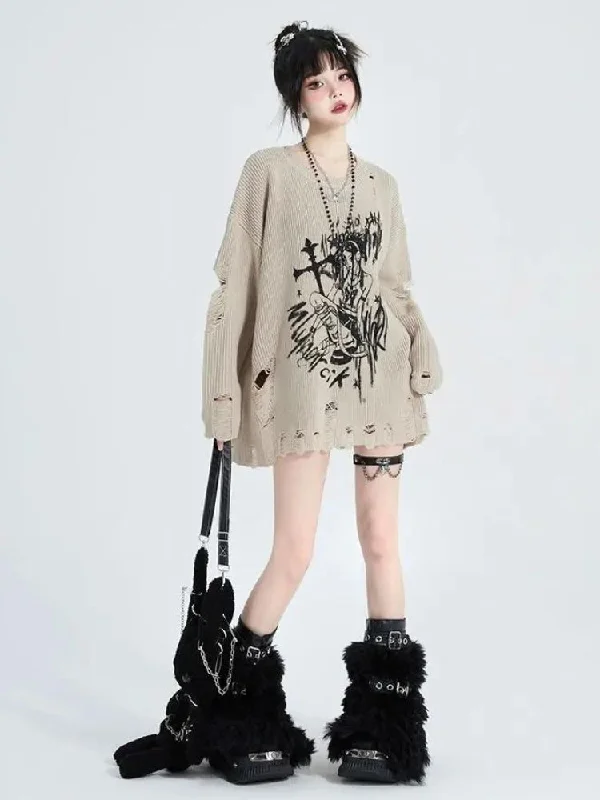 Goth Distressed Sweater Terry Terry Cloth Terry Knit