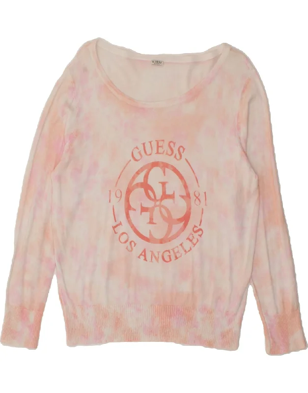 GUESS Womens Graphic Boat Neck Jumper Sweater UK 14 Large Pink Tie Dye