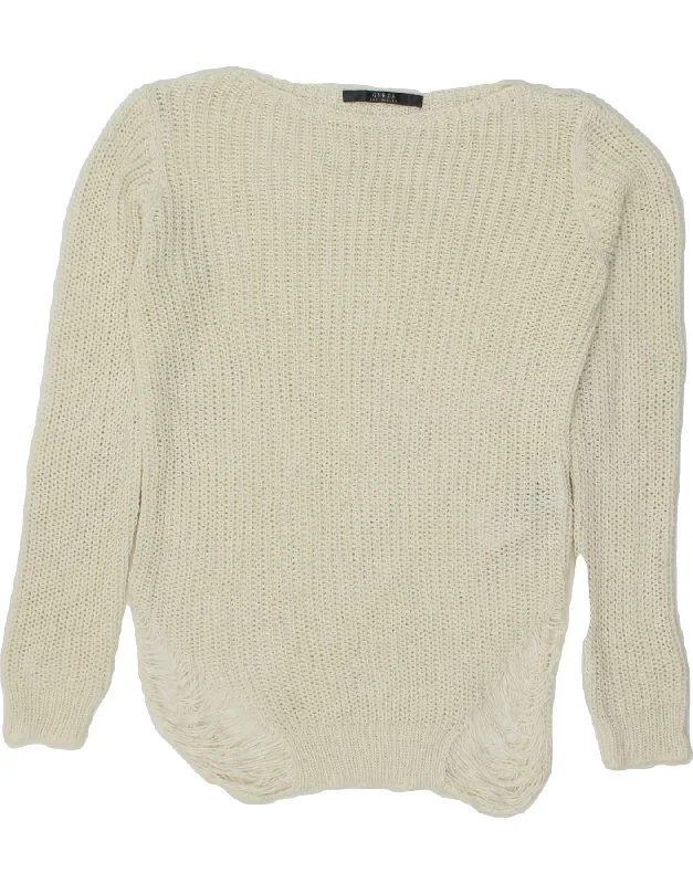 GUESS Womens Loose Fit Boat Neck Jumper Sweater UK 6 XS Off White Acrylic Front Pockets Side Pockets Patch Pockets GUESS Womens Loose Fit Boat Neck Jumper Sweater UK 6 XS Off White Acrylic Front Pockets Side Pockets Patch Pockets