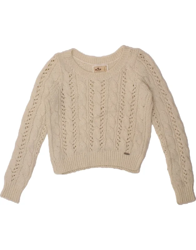 HOLLISTER Womens Crop Boat Neck Jumper Sweater UK 10 Small Off White Tailored Straight A-Line HOLLISTER Womens Crop Boat Neck Jumper Sweater UK 10 Small Off White Tailored Straight A-Line