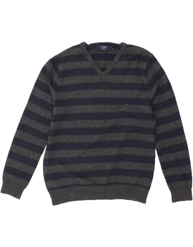 J. CREW Womens V-Neck Jumper Sweater UK 14 Medium Navy Blue Striped Spandex Rayon Corduroy