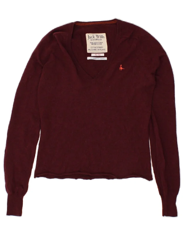JACK WILLS Womens V-Neck Jumper Sweater UK 8 Small Burgundy Flecked Collared Crew Neck Turtle Neck