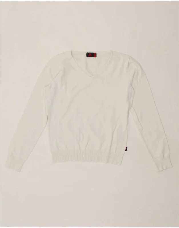 KAPPA Womens V-Neck Jumper Sweater UK 12 Medium White Cotton Rayon Fabric Velvet Fabric Corduroy Fabric KAPPA Womens V-Neck Jumper Sweater UK 12 Medium White Cotton Rayon Fabric Velvet Fabric Corduroy Fabric