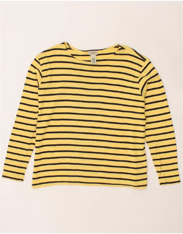 L.L.BEAN Womens Boat Neck Jumper Sweater UK 18 XL Yellow Striped Cotton Fleece Sweater Nylon Polyester
