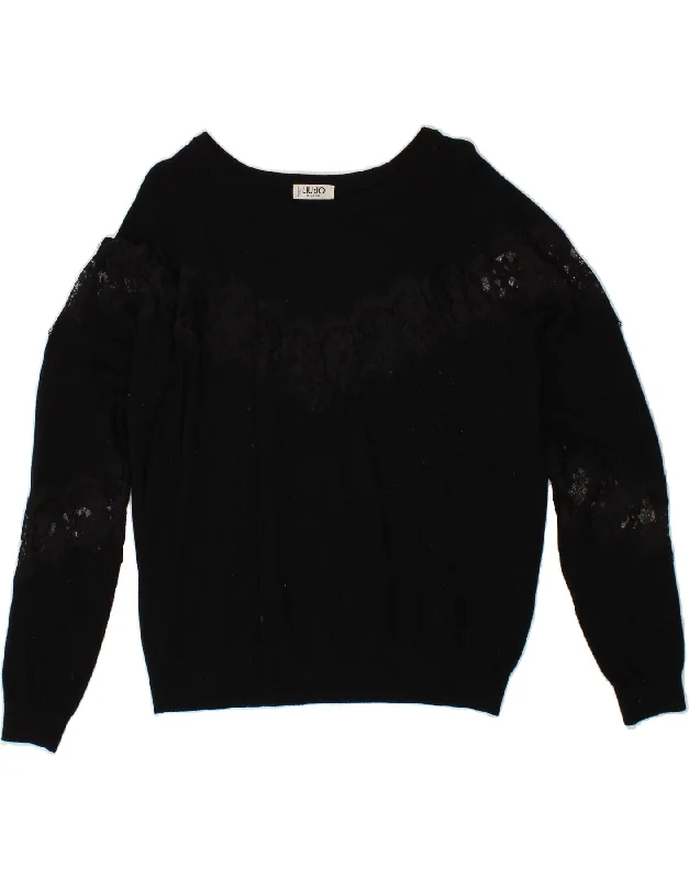 LIU JO Womens Boat Neck Jumper Sweater UK 16 Large Black Floral Viscose Herringbone Houndstooth Plaid