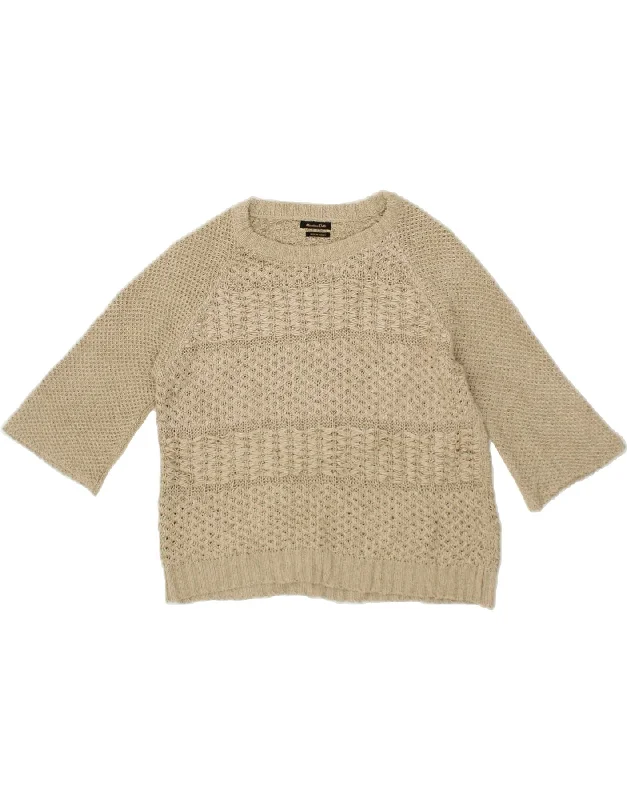 MASSIMO DUTTI Womens 3/4 Sleeve Boat Neck Jumper Sweater UK 18 XL Beige Striped Floral Plaid