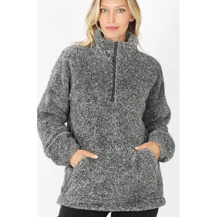 MELANGE FAUX FUR HALF ZIP POCKET PULLOVER Wide Sleeve Pullover