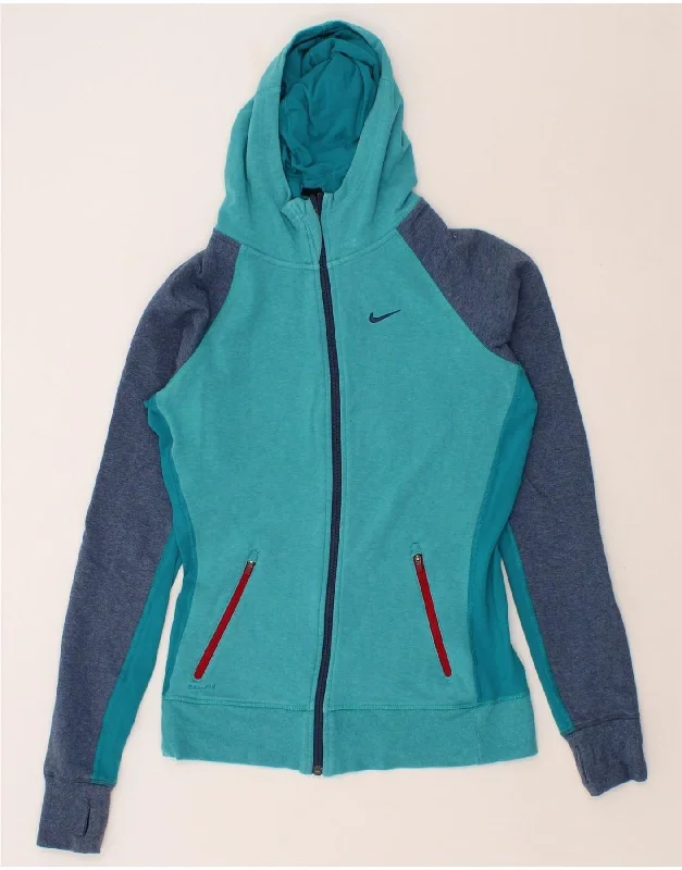 NIKE Womens Dri Fit Zip Hoodie Sweater UK 10 Small Blue Colourblock Cotton Open Front Closed Front Wrap Front NIKE Womens Dri Fit Zip Hoodie Sweater UK 10 Small Blue Colourblock Cotton Open Front Closed Front Wrap Front
