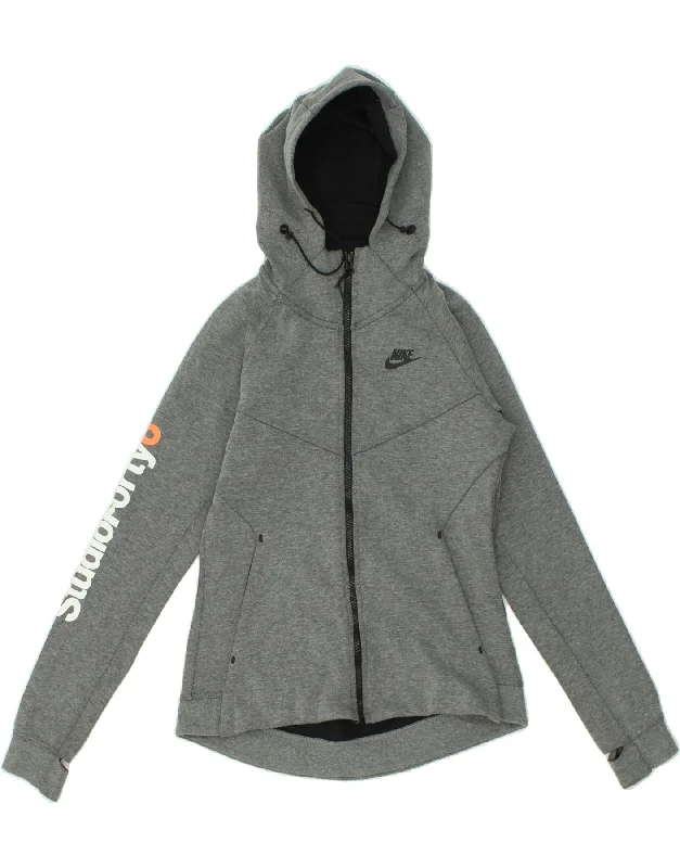NIKE Womens Graphic Zip Hoodie Sweater UK 10 Small Grey Cotton Wool Fabric Cashmere Fabric Tweed Fabric