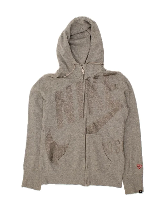 NIKE Womens Graphic Zip Hoodie Sweater UK 18 XL Grey Cotton Elegant Classic Vintage