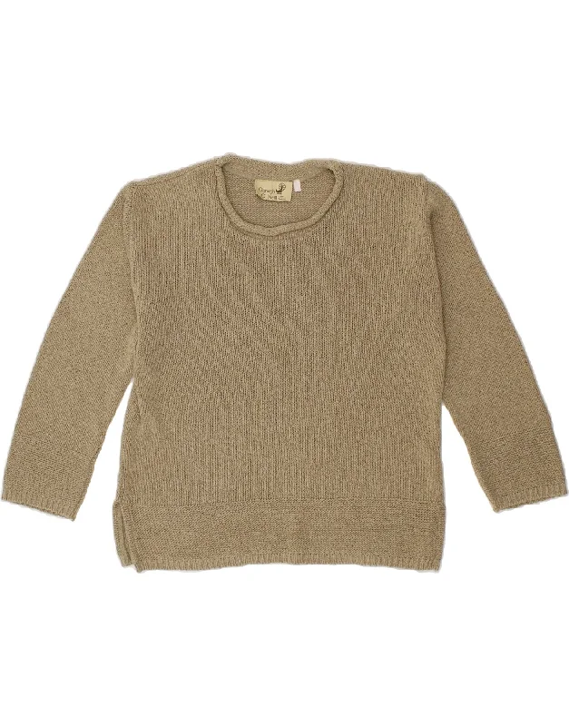 O'NEILL Womens Oversized Crop Crew Neck Jumper Sweater UK 16 Large Beige Real Fur Shearling Chenille