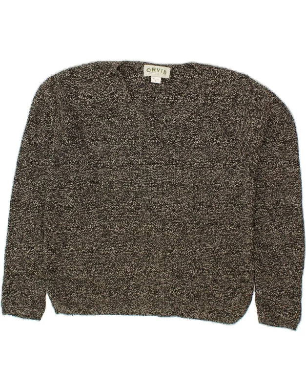 ORVIS Womens V-Neck Jumper Sweater UK 14 Medium Grey Flecked Cotton Transparent Opaque Sheer