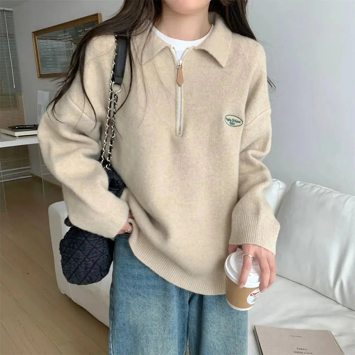 Polo Collar Sweater Real Fur Shearling Chenille