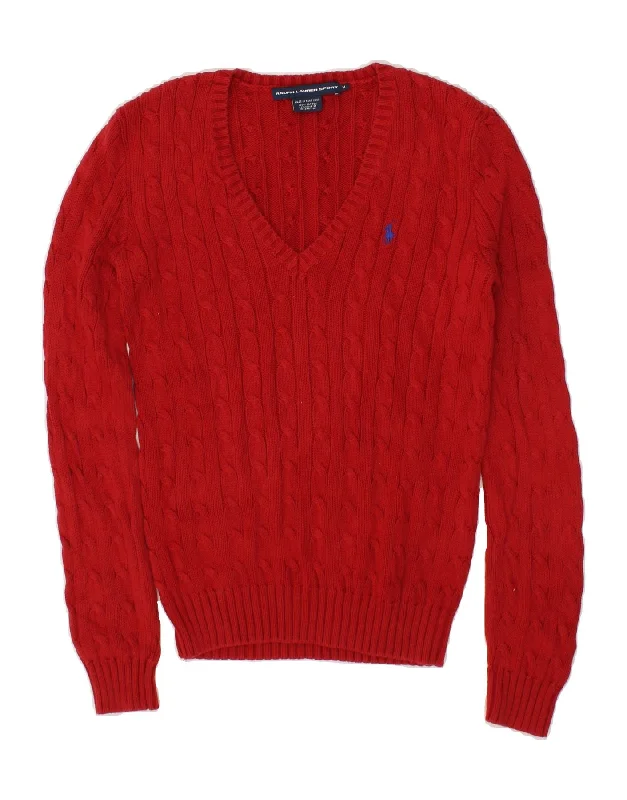 RALPH LAUREN Womens V-Neck Jumper Sweater UK 12 Medium Red Cotton Zippered Front Buttoned Front Snap Front RALPH LAUREN Womens V-Neck Jumper Sweater UK 12 Medium Red Cotton Zippered Front Buttoned Front Snap Front