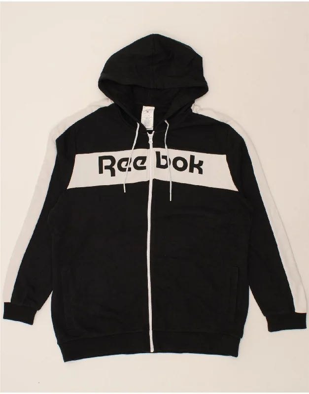 REEBOK Mens Graphic Zip Hoodie Sweater XL Black Colourblock Cotton