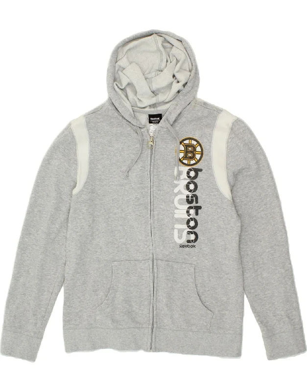 REEBOK Womens Boston Graphic Zip Hoodie Sweater UK 16 Large Grey Cotton Elasticated Padded Insulated