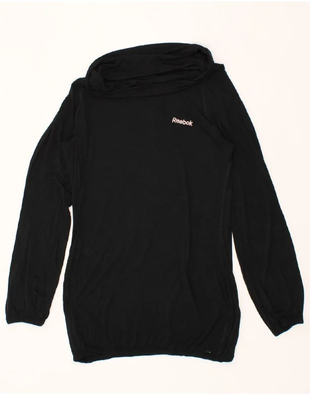 REEBOK Womens Roll Neck Jumper Sweater UK 12 Medium Black Front Pockets Side Pockets Patch Pockets