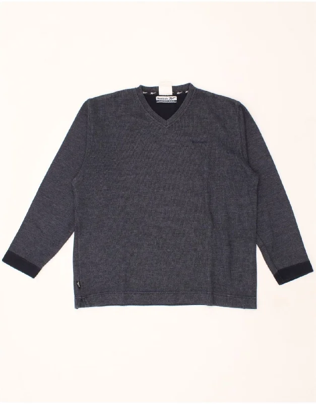 REEBOK Womens V-Neck Jumper Sweater UK 16 Large Navy Blue Cotton Boxy Sweater Fitted Sweater A-Line