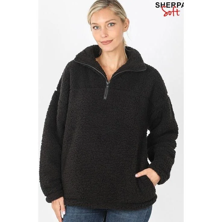 SOFT SHERPA HALF ZIP PULLOVER WITH SIDE POCKETS Spaghetti Sleeve Top