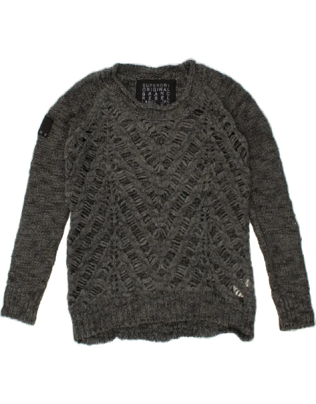 SUPERDRY Womens Boat Neck Jumper Sweater UK 10 Small Grey Acrylic Zippered Buttoned Snapped