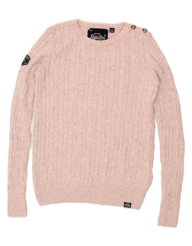 SUPERDRY Womens Vintage Crew Neck Jumper Sweater UK 6 XS Pink Flecked Fitted Slim Tailored