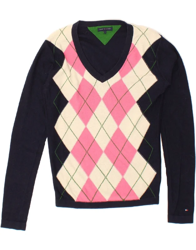 TOMMY HILFIGER Womens V-Neck Jumper Sweater UK 10 Small Navy Blue Solid Print Embellished