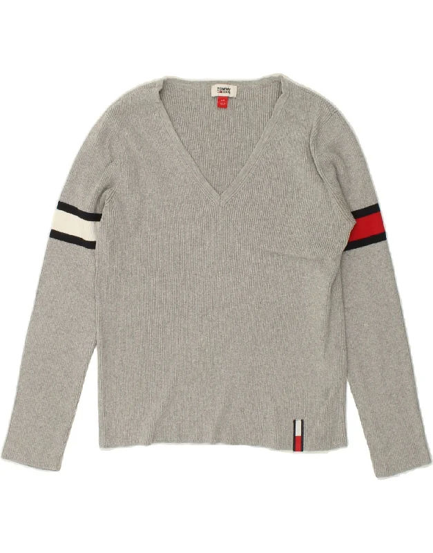 TOMMY HILFIGER Womens V-Neck Jumper Sweater UK 14 Large Grey Colourblock Hooded Sweater Collared Sweater Shawl Collar TOMMY HILFIGER Womens V-Neck Jumper Sweater UK 14 Large Grey Colourblock Hooded Sweater Collared Sweater Shawl Collar