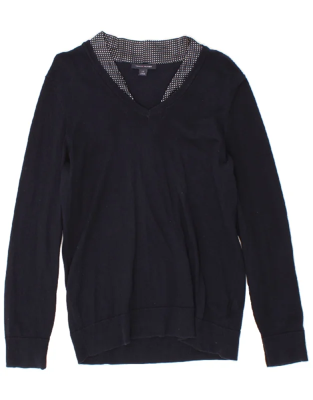 TOMMY HILFIGER Womens V-Neck Jumper Sweater UK 14 Large Navy Blue Cotton Satin Blend Silk Blend Wool Blend