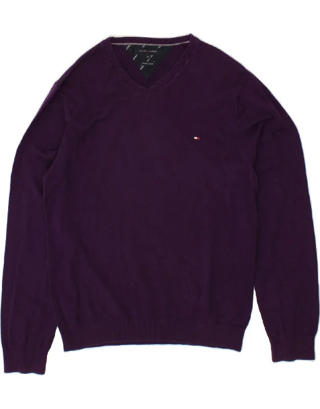 TOMMY HILFIGER Womens V-Neck Jumper Sweater UK 18 XL Purple Cotton Glossy Satin Silk