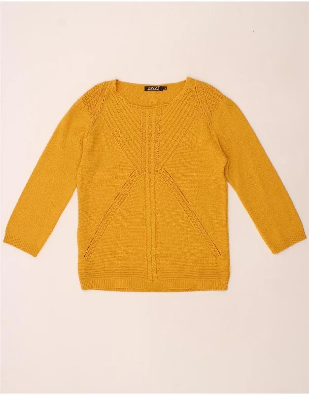 VINTAGE Womens 3/4 Sleeve Boat Neck Jumper Sweater UK 14 Medium Yellow Hooded Sweater Collared Sweater Shawl Collar VINTAGE Womens 3/4 Sleeve Boat Neck Jumper Sweater UK 14 Medium Yellow Hooded Sweater Collared Sweater Shawl Collar