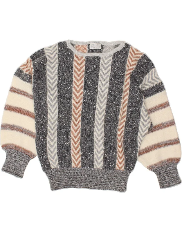 VINTAGE Womens Boat Neck Jumper Sweater UK 12 Medium Grey Striped Angora Terry Blend Velvet Blend Canvas Blend VINTAGE Womens Boat Neck Jumper Sweater UK 12 Medium Grey Striped Angora Terry Blend Velvet Blend Canvas Blend