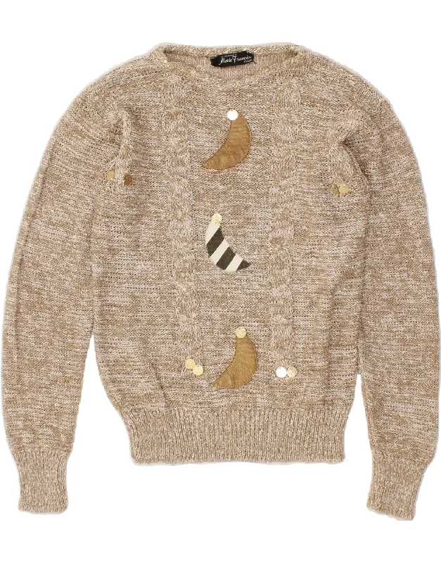 VINTAGE Womens Crew Neck Jumper Sweater UK 10 Small Beige Flecked Toggled Drawstring Belted VINTAGE Womens Crew Neck Jumper Sweater UK 10 Small Beige Flecked Toggled Drawstring Belted