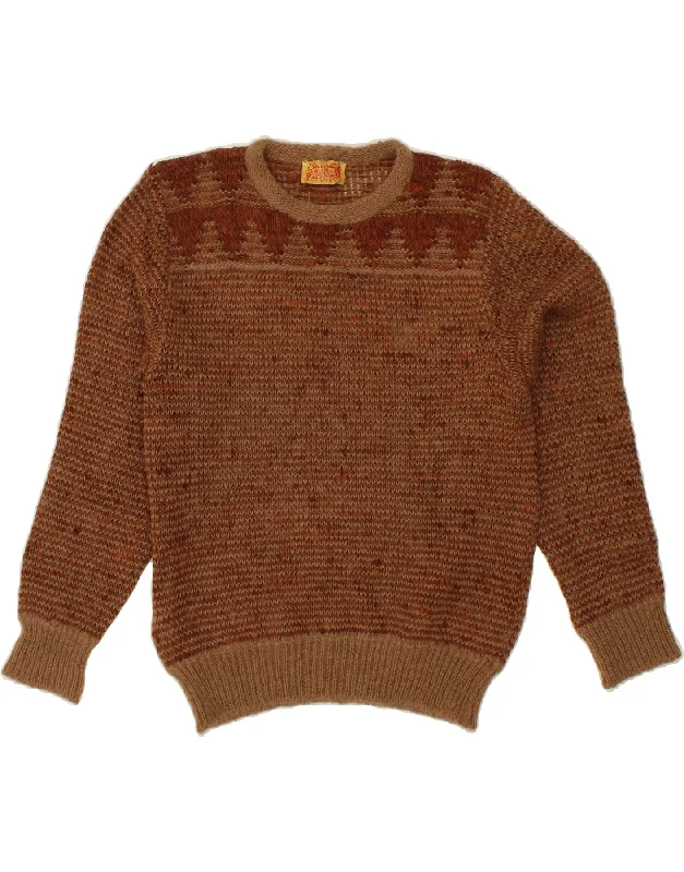 VINTAGE Womens Crew Neck Jumper Sweater UK 12 Medium Brown Wool Zippered Front Buttoned Front Snap Front