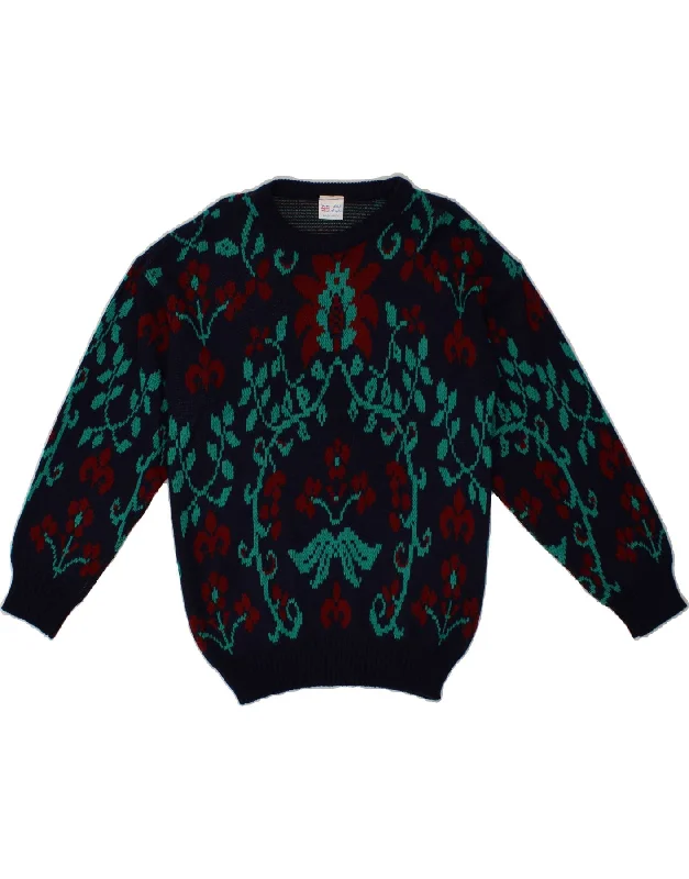 VINTAGE Womens Crew Neck Jumper Sweater UK 14 Medium Navy Blue Floral Striped Floral Plaid VINTAGE Womens Crew Neck Jumper Sweater UK 14 Medium Navy Blue Floral Striped Floral Plaid