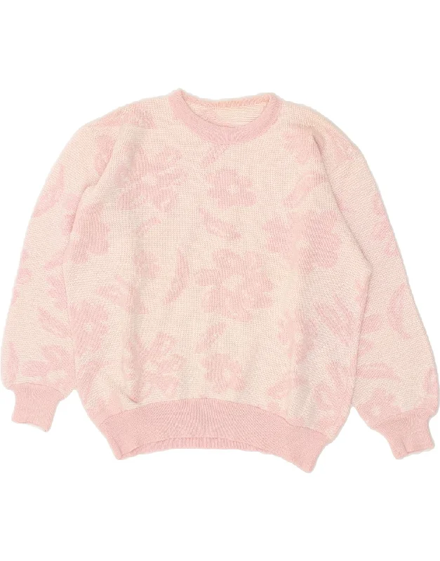 VINTAGE Womens Crew Neck Jumper Sweater UK 14 Medium Pink Floral Front Pockets Side Pockets Patch Pockets VINTAGE Womens Crew Neck Jumper Sweater UK 14 Medium Pink Floral Front Pockets Side Pockets Patch Pockets