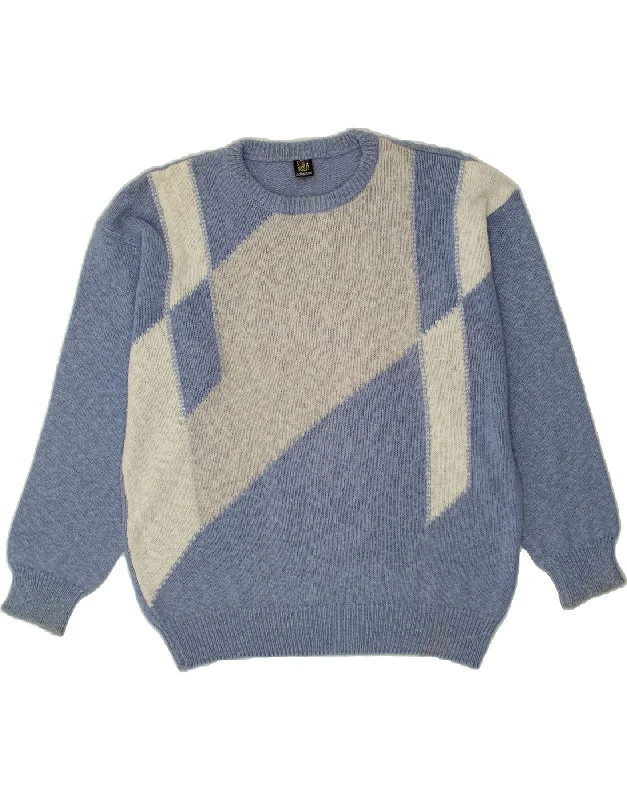 VINTAGE Womens Crew Neck Jumper Sweater UK 18 XL Blue Colourblock Cotton Sequined Glittery Shiny