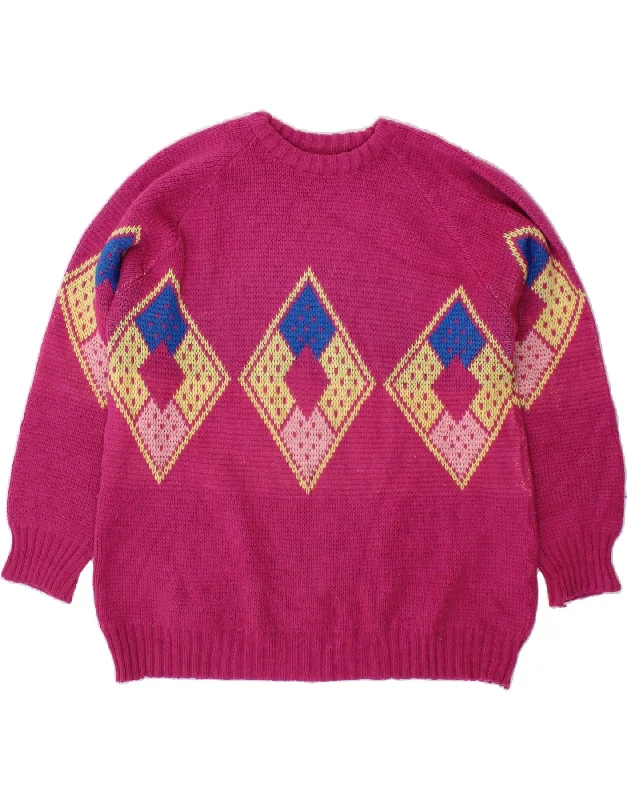 VINTAGE Womens Crew Neck Jumper Sweater UK 18 XL Pink Argyle/Diamond Slim Fit Regular Fit Oversized
